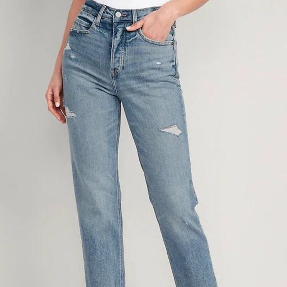 Old Navy Extra High-Waisted Button-Fly Ripped Cut-Off Straight Ankle Jeans New - Picture 2 of 9